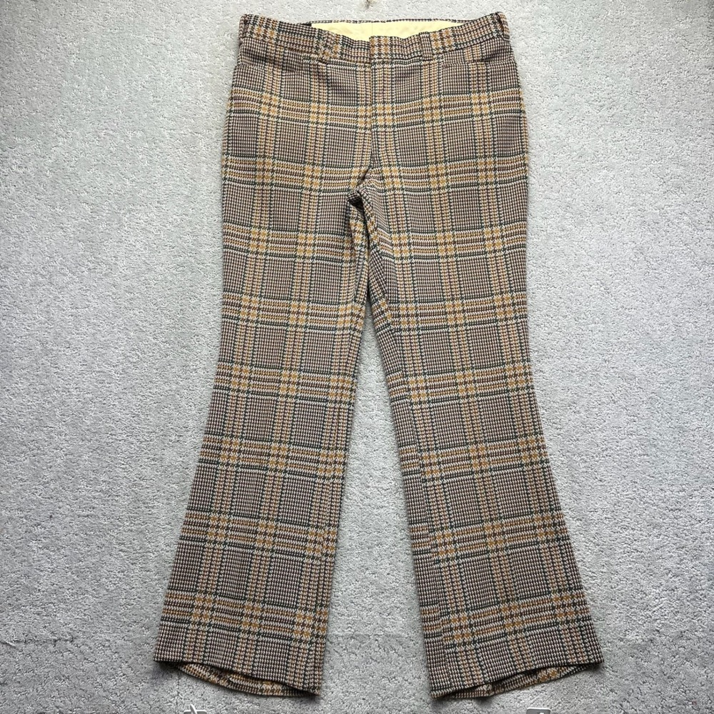 VTG Days Sportswear Trousers 37x31.5 Brown Tan Plaid Bell Bottom Talon Zip 70s